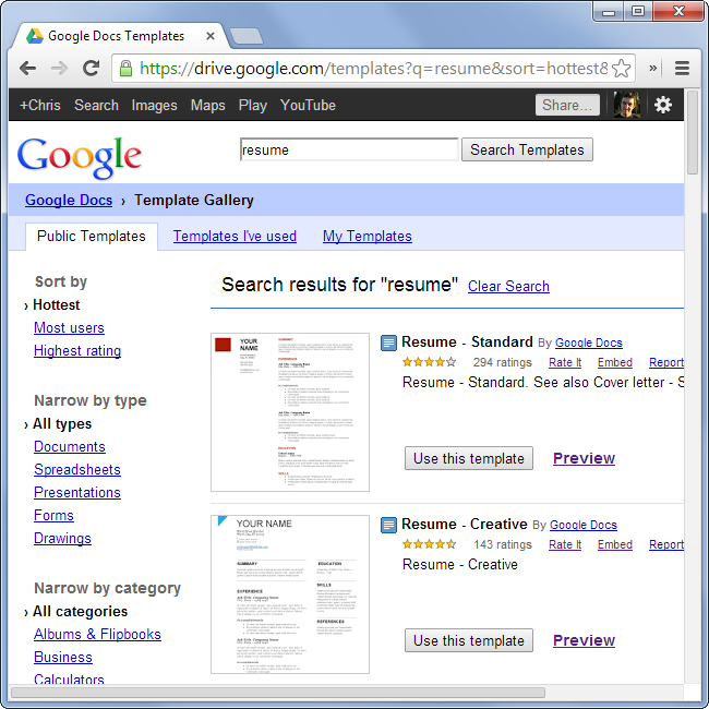 Galeria de modelos do Google Docs mostrando resultados de currículo