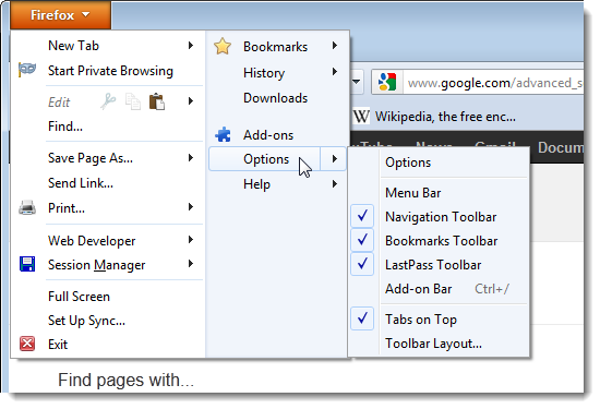 Открытие Настроек в меню Firefox