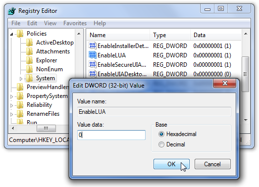 Редактор реестра с параметром EnableLUA