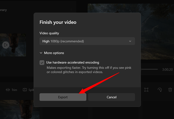 Выбор разрешения экспорта в Video Editor