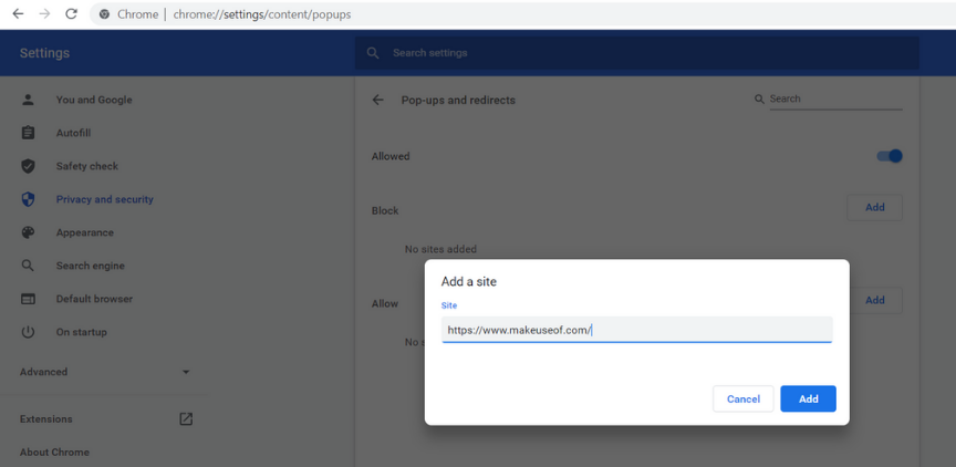 Добавление сайта для разрешения всплывающих окон