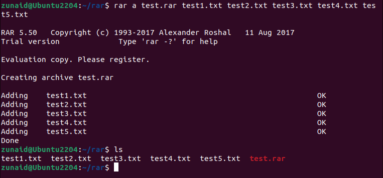 Терминал Linux, показывающий создание RAR архива из нескольких текстовых файлов