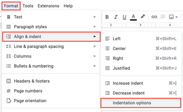 Параметры отступа в меню Формат