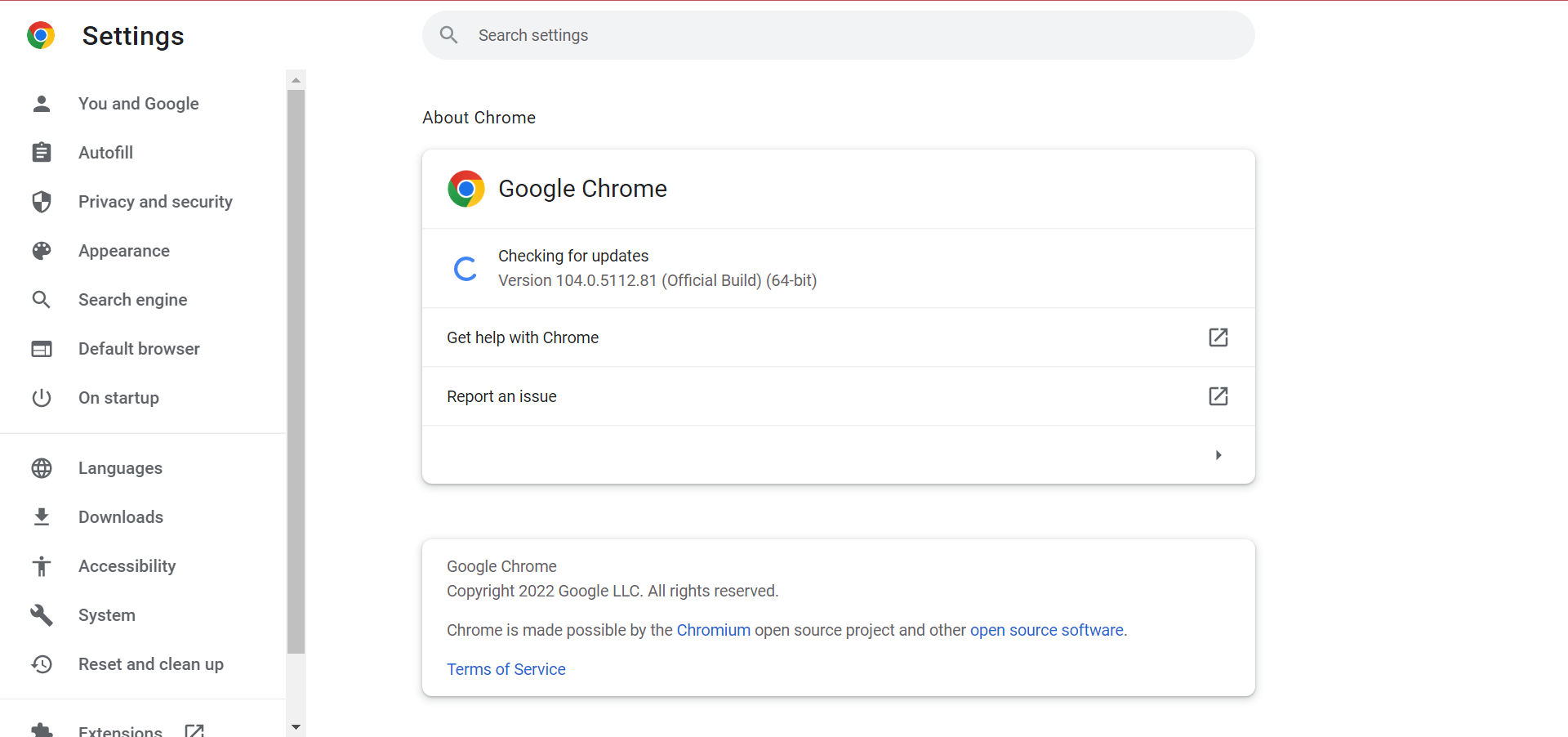 Chrome 更新画面のスクリーンショット