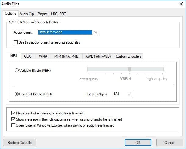 Настройка параметров экспорта аудиофайла в Balabolka: выбор формата и битрейта