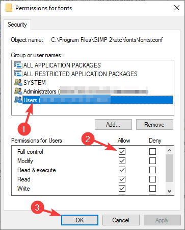 permission settings add fonts to gimp