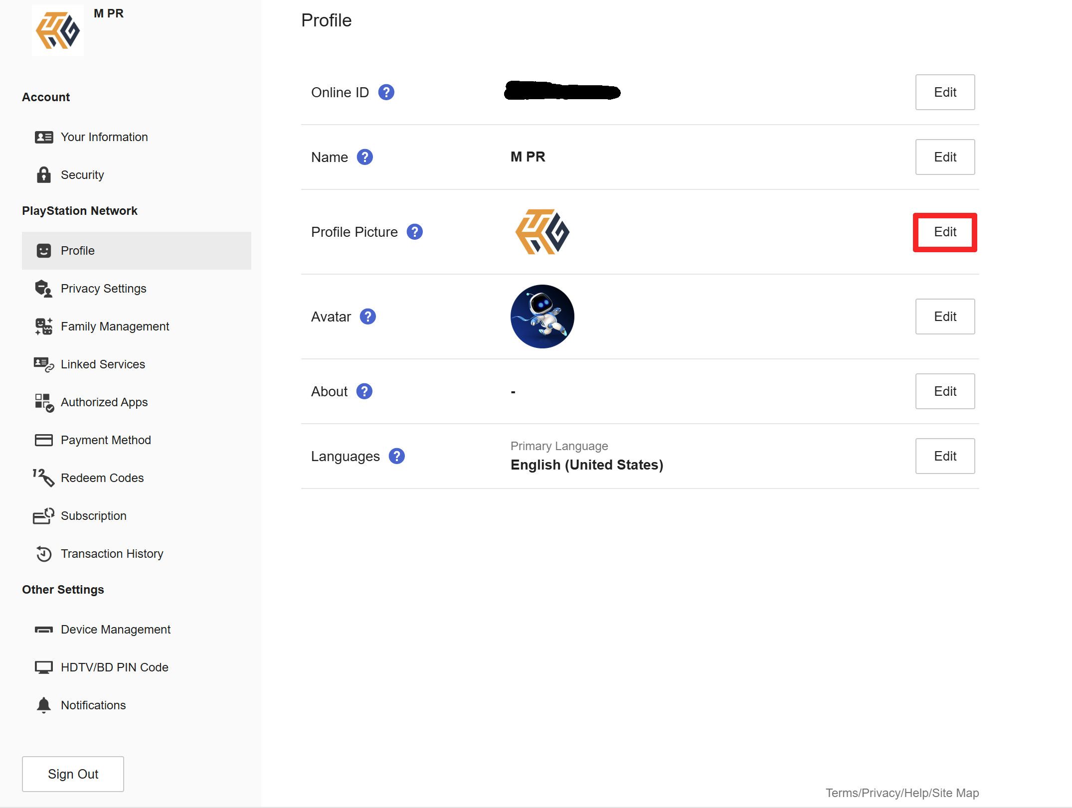 Скриншот сайта PlayStation с выделенной кнопкой редактирования фото профиля.