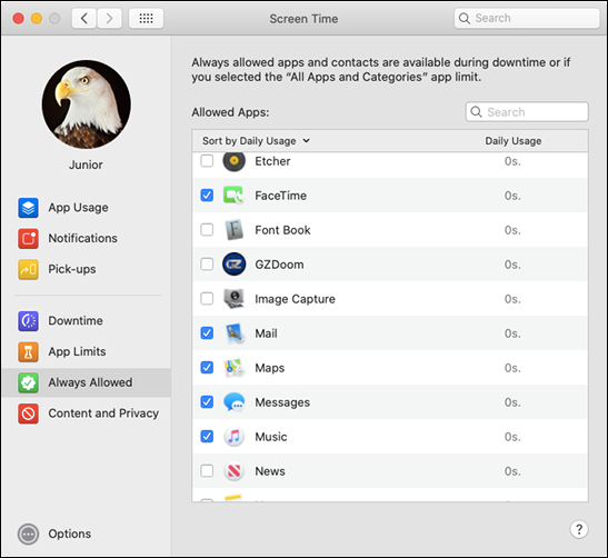 Меню «Всегда разрешённые»