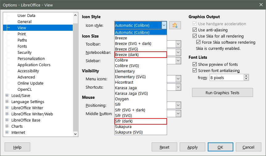 Выбор тёмных наборов иконок в LibreOffice через Сервис > Параметры > Вид