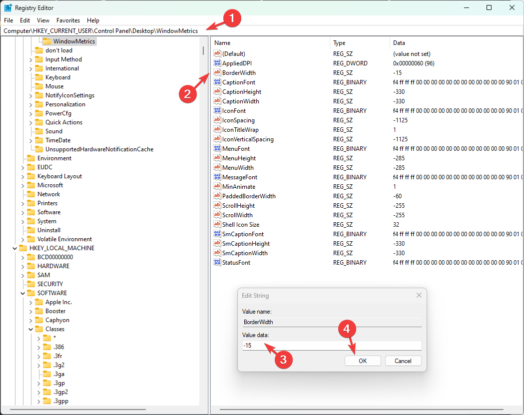 Параметр BorderWidth в редакторе реестра