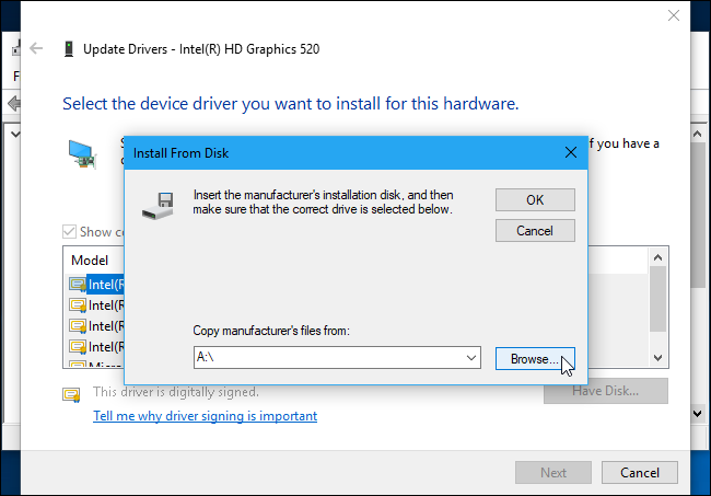 Окно установки с диска и кнопка Обзор