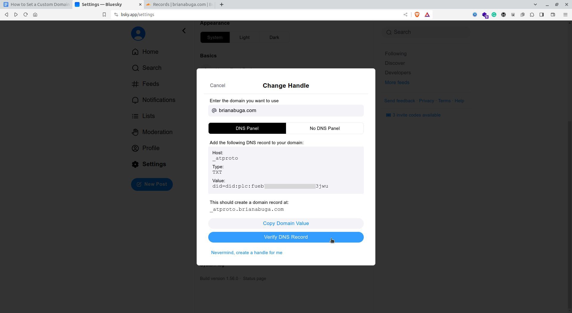 Страница с инструкциями по добавлению DNS-записи для подтверждения домена в Bluesky