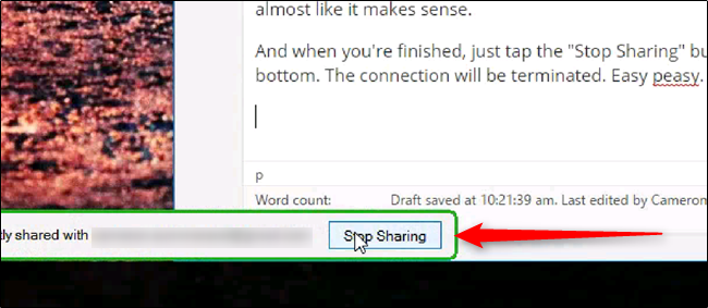 Кнопка 'Stop Sharing' в Chrome Remote Desktop на мобильном устройстве