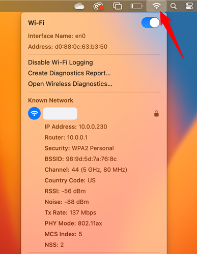 Информация о Wi‑Fi на macOS, отображаемая при нажатии Option.