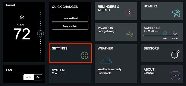 Меню настроек Ecobee с выделенной опцией Settings