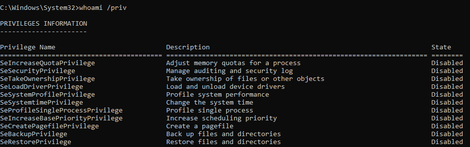 Пример вывода whoami с привилегиями