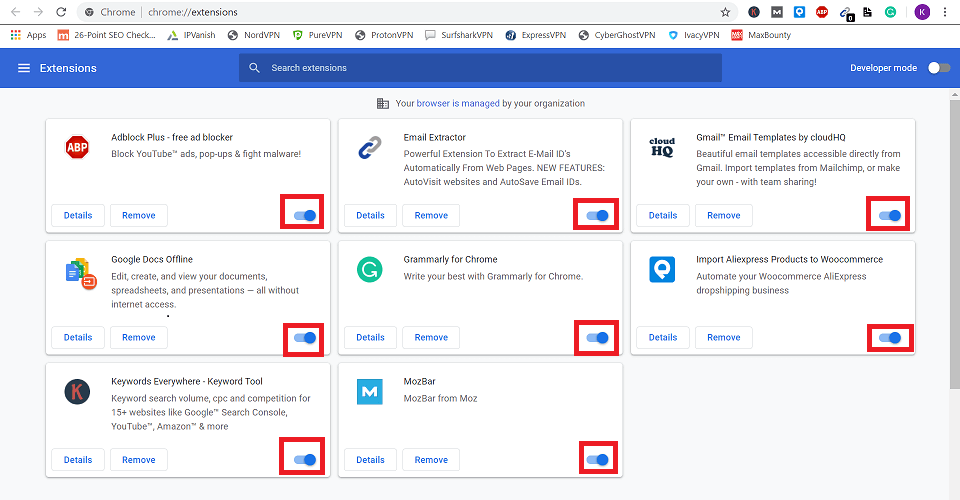 Страница расширений Chrome — отключение расширений