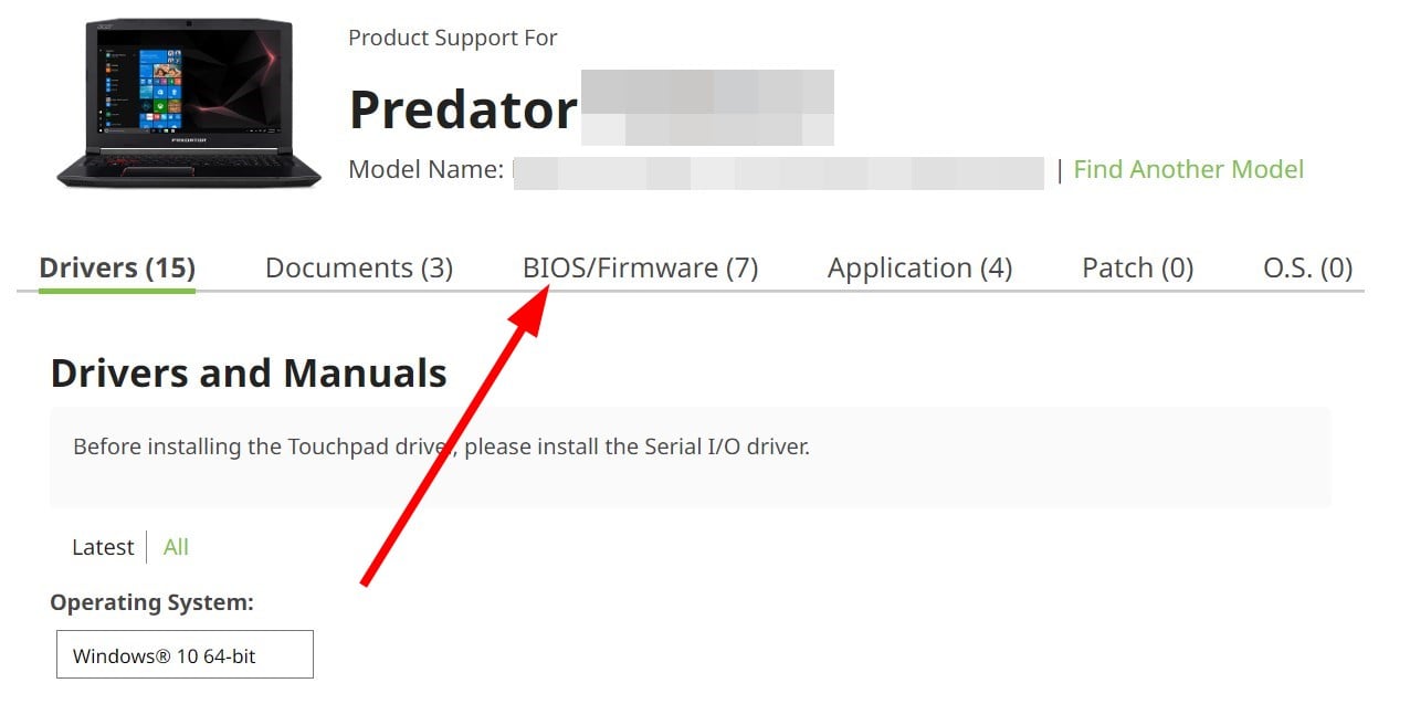 Раздел BIOS/Firmware на сайте производителя для скачивания обновлений