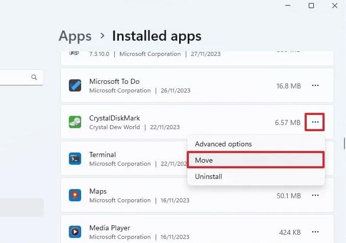 кнопка Переместить рядом с приложением