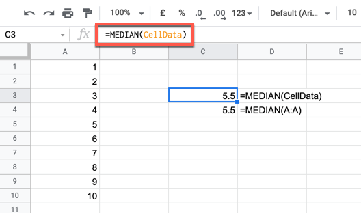 Пример формулы MEDIAN с использованием именованного диапазона