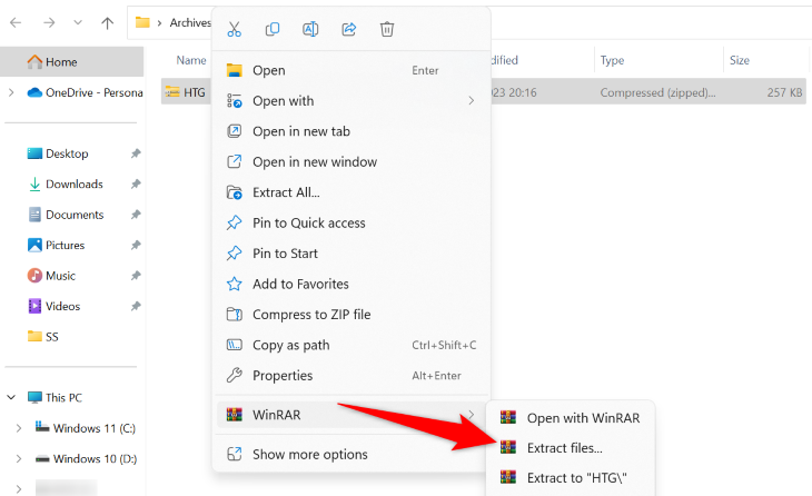 Select WinRAR > Extract Files.