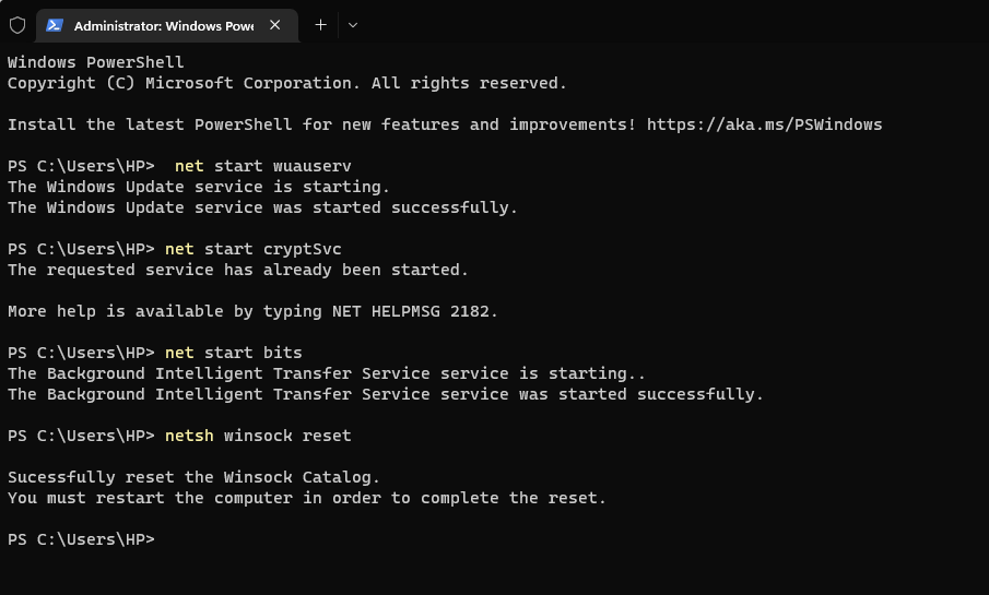 Запуск служб и сброс Winsock