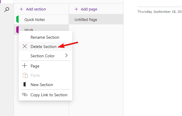 Подтверждение удаления раздела в OneNote