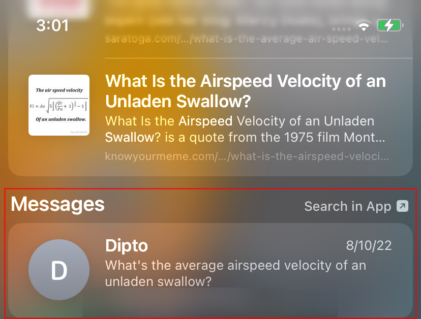 Поиск цитаты из переписки с результатом внизу экрана. 