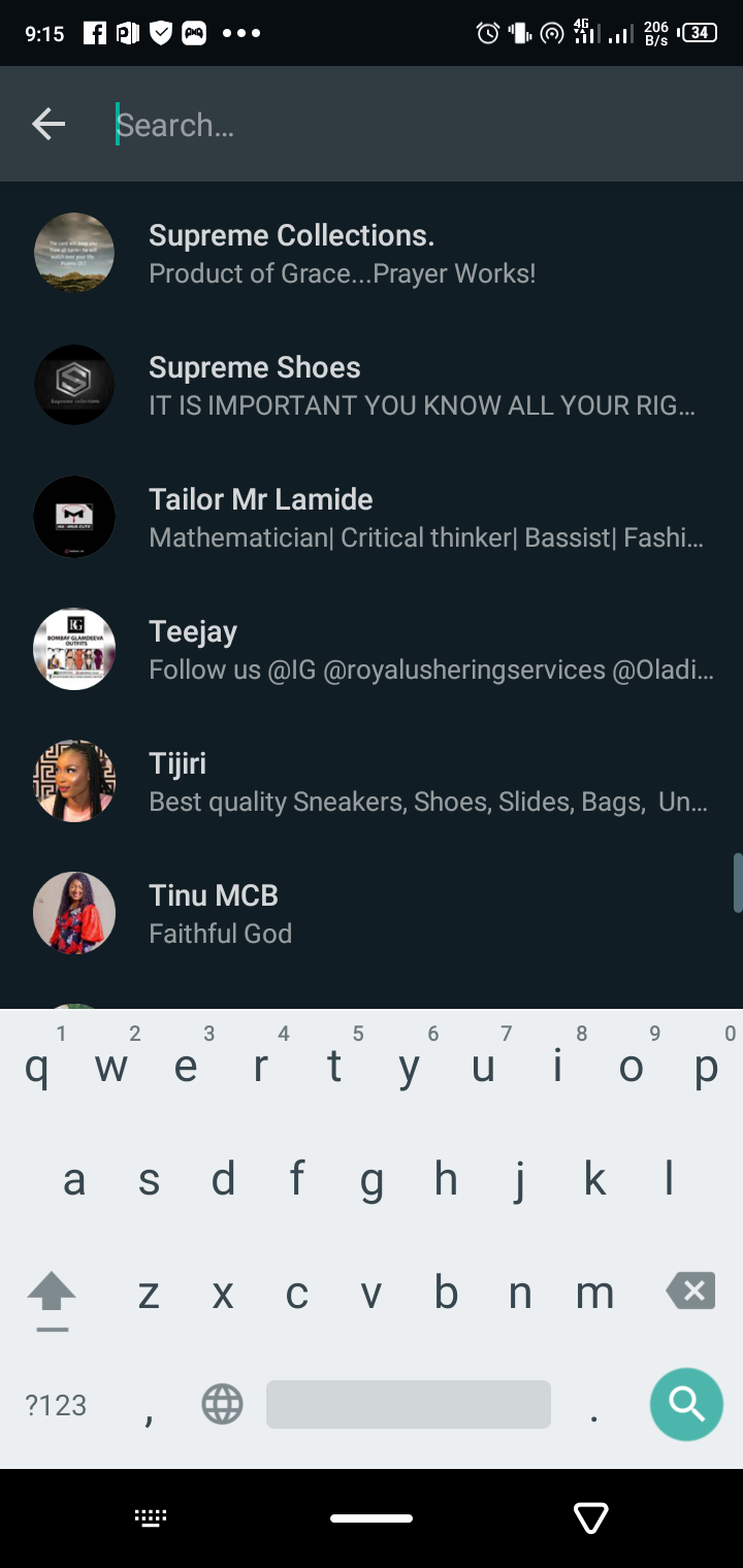 Меню поиска контакта в WhatsApp
