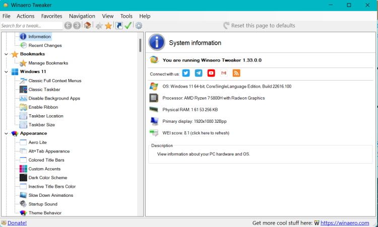 Главное окно Winaero Tweaker