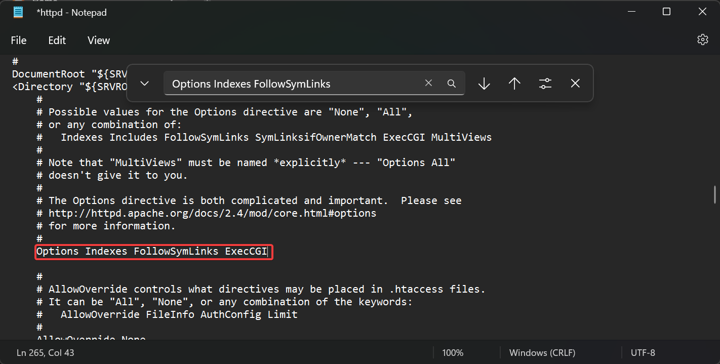 Редактирование httpd.conf: включение CGI и ScriptInterpreterSource