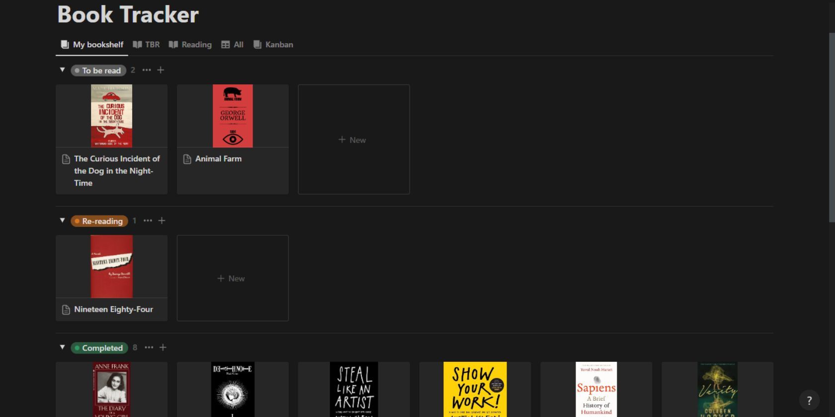 Скриншот Notion с видом книжной полки, созданным через Gallery view