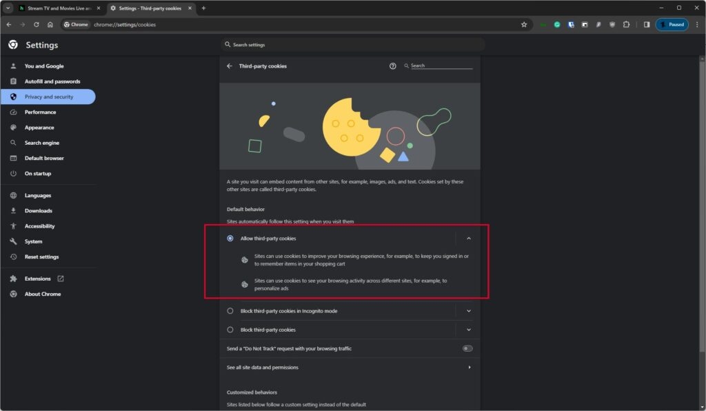 Configurações de cookies do Chrome para permitir cookies no Hulu