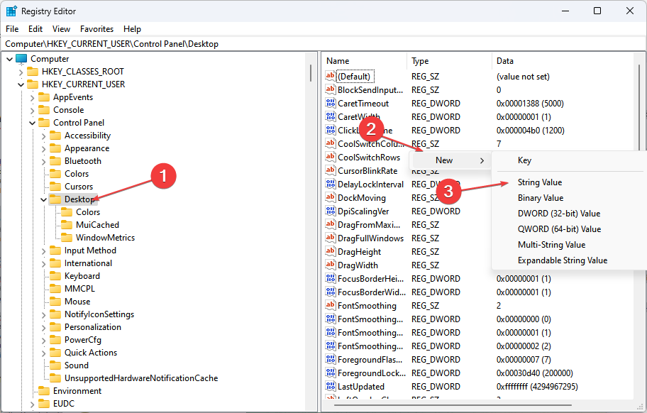 Ветка реестра HKEY_CURRENT_USERControl PanelDesktop