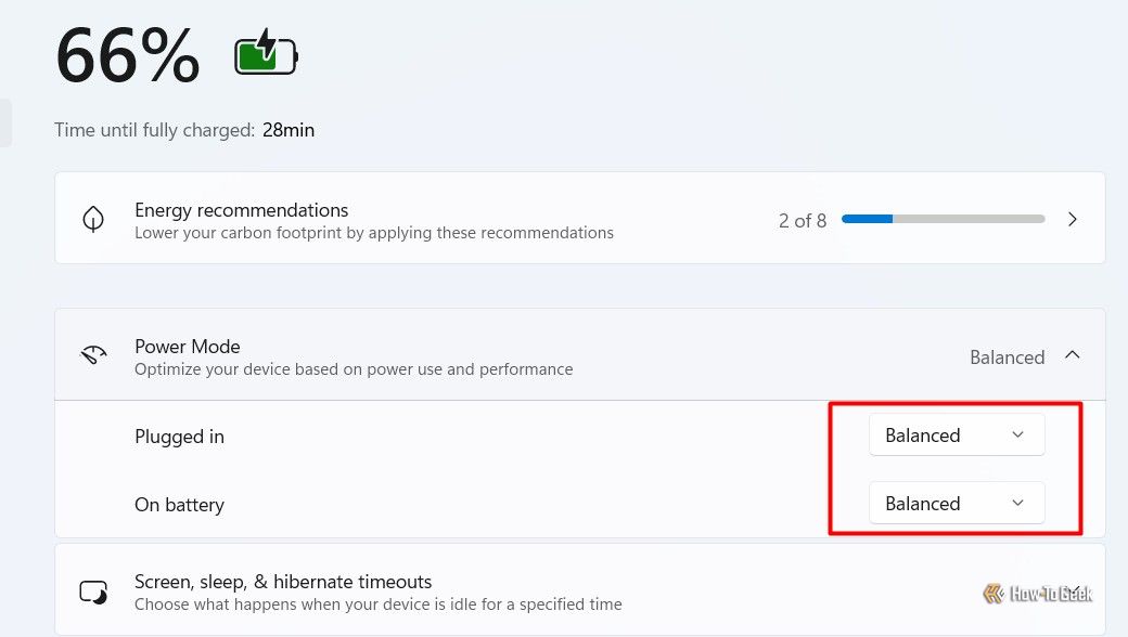 Opção Modo de Energia nas configurações do Windows 11.