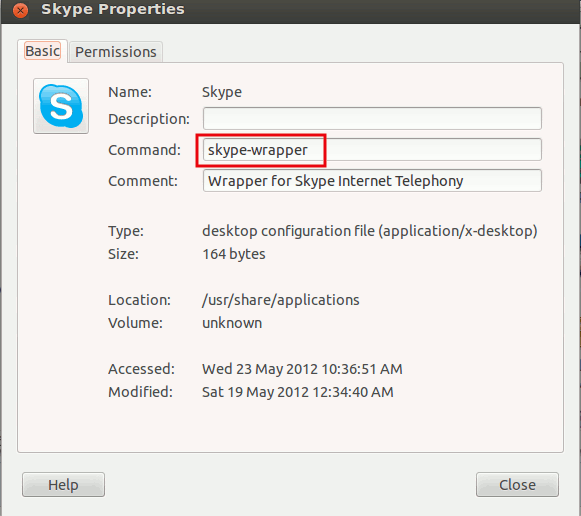 Окно свойств ярлыка Skype с полем Command, где указано skype-wrapper