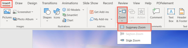 Summary Zoom в разделе Ссылки на вкладке Вставка