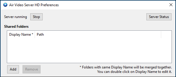 Панель управления сервером Air Video Server HD: старт/стоп и статус