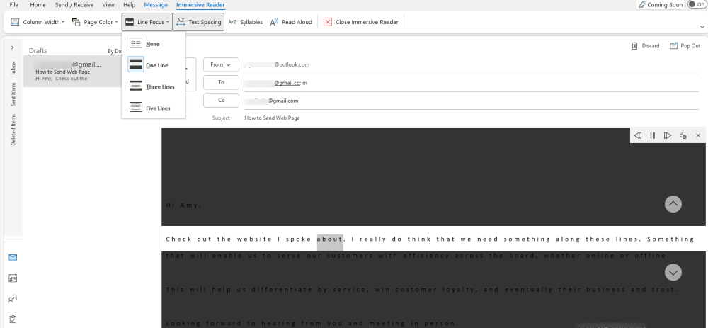 Outlook Read Aloud in Immersive Reader Line Focus