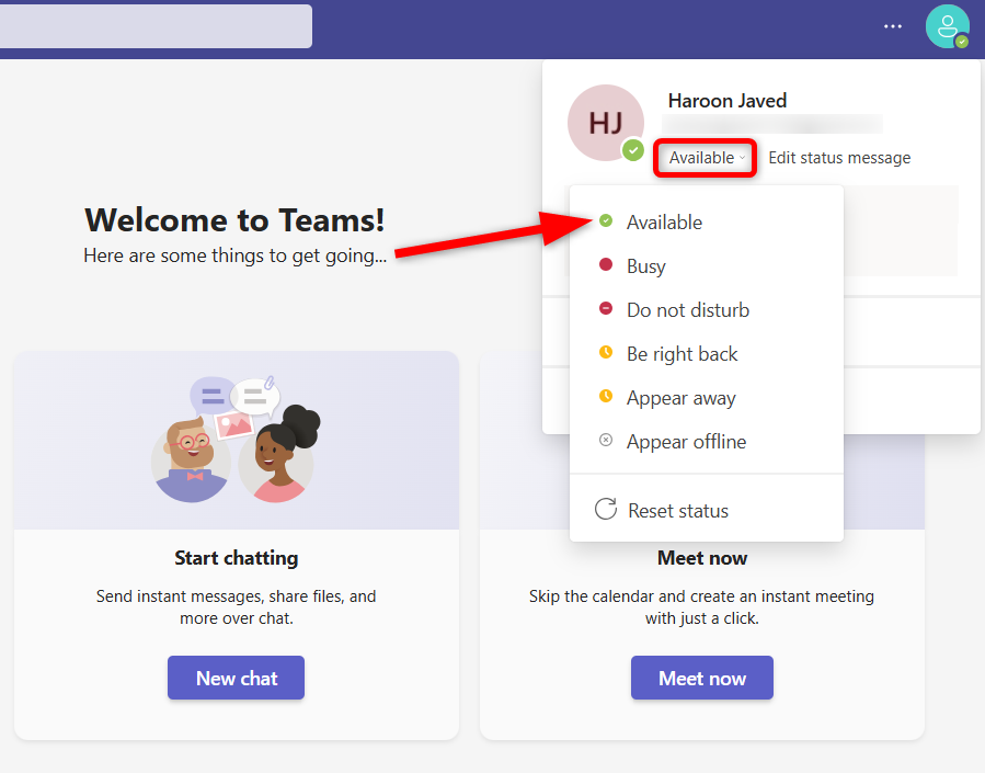 Настройка статуса 'Доступен' в Microsoft Teams.