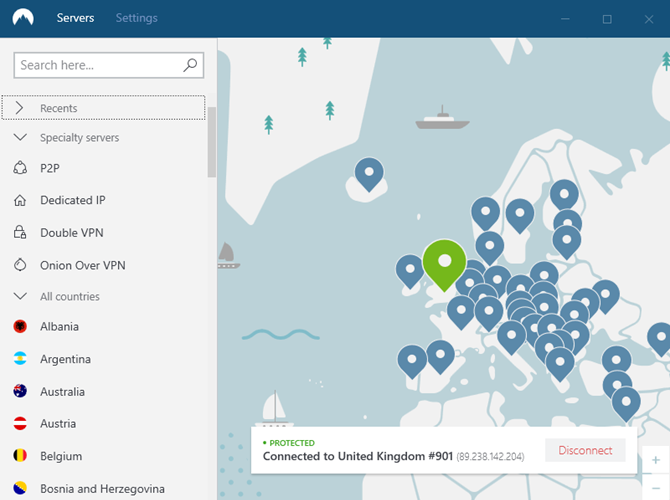 Список расположений VPN-серверов в клиенте (пример: выбор страны для подключения)