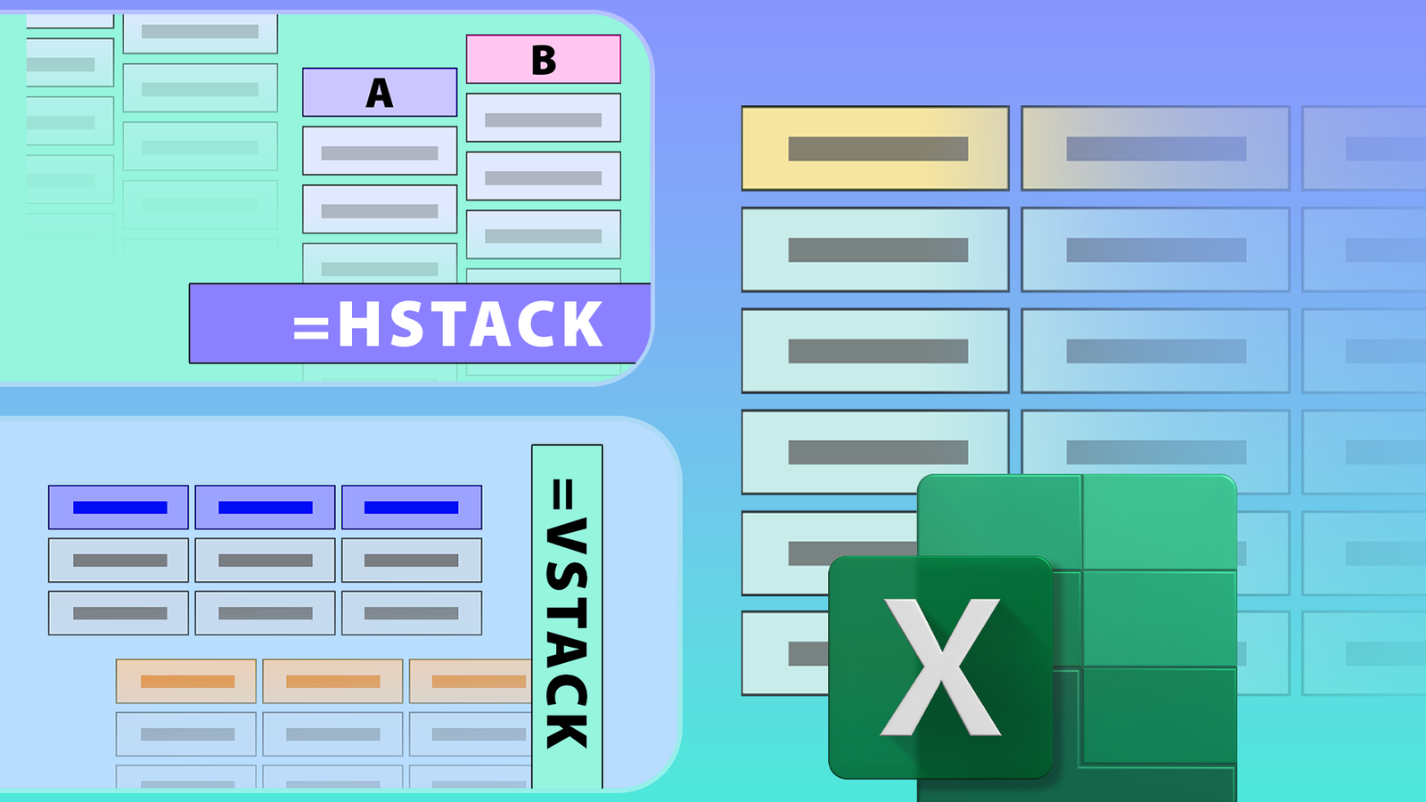 Microsoft Excel illustration showing the HSTACK and VSTACK functions with the Excel logo.