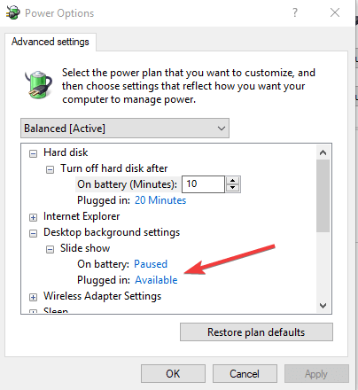 Настройки электропитания для фонового слайд-шоу