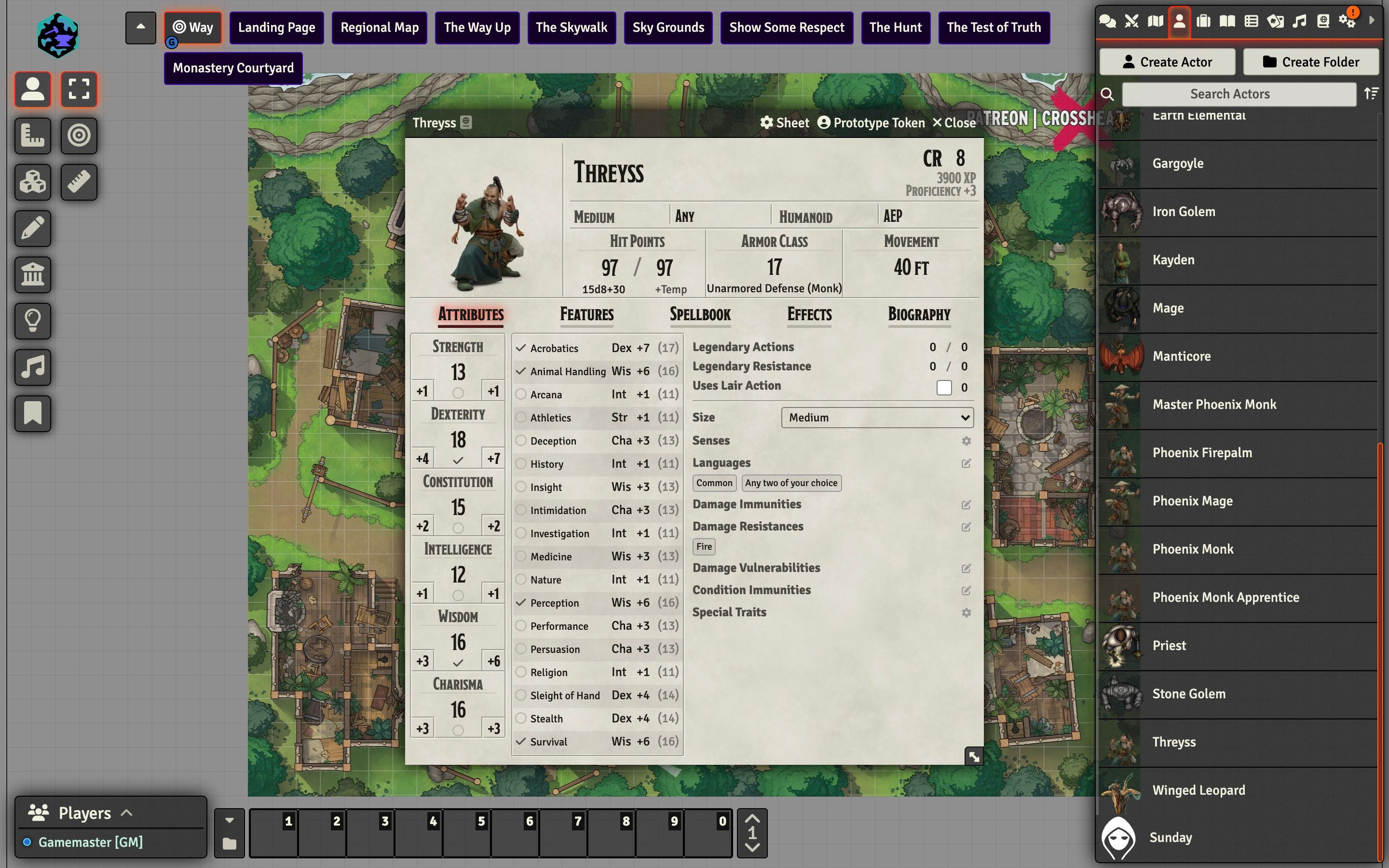Игровая карта и лист персонажа D&D 5e в интерфейсе Foundry VTT