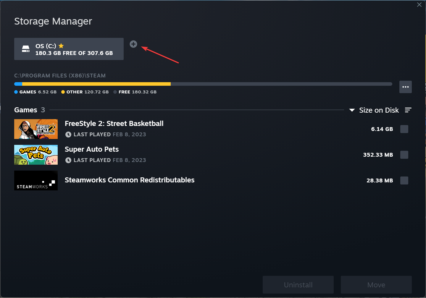 Кнопка добавления папки библиотеки Steam
