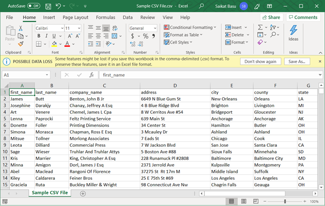 CSV File Opened in Excel
