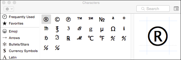Категории символов — стрелки, копирайт и другие в приложении символов macOS