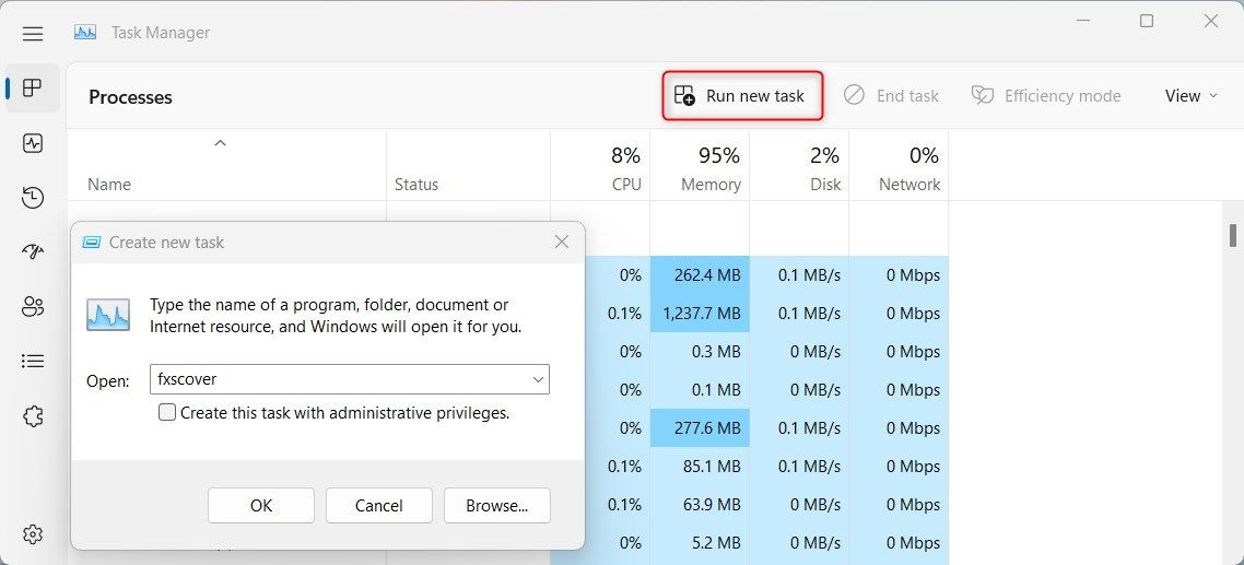 Открытие редактора обложки факса через Диспетчер задач