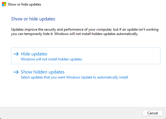 Скрытие обновлений в инструменте Show or Hide