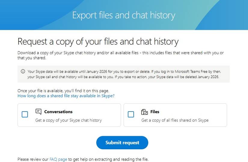Страница экспорта истории и файлов Skype